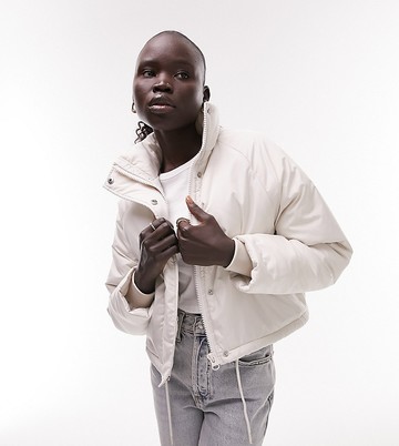 Topshop Petite funnel neck puffer jacket in off white