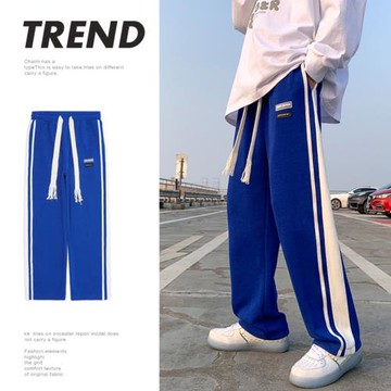 克萊因藍褲子男直筒寬松闊腿褲春秋休閑長褲韓版潮流運動褲拖地褲