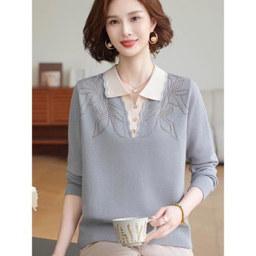 媽媽裝針織毛衣春秋季洋氣中老年女裝翻領打底衫新款秋裝薄款上衣