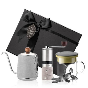 PO:Selected｜丹麥手沖咖啡三件禮盒組(咖啡壺-灰/玻璃杯350ml-黑綠/咖啡磨2.0)