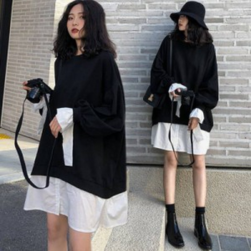 韓国 ファッション レディース スウェット ワンピース チュニック ドッキング トレーナー 大きいサイズ ひざ上丈 ゆったり 長袖 無地 カ 通販 Lineポイント最大1 0 Get Lineショッピング