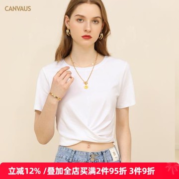 CANVAUS純棉短袖寬松t恤女白色圓領短款扭結設計感小眾打底上衣潮