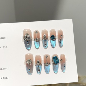 ➕最新設計款穿戴甲💅純手工穿戴甲高級感藍眼淚貓眼美甲片輕奢堆鑽爆閃假指甲貼片長橢圓穿戴甲 FACC