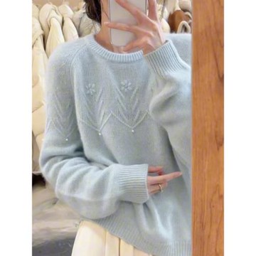 北歐風費爾島藍色鉤花浣熊絨毛衣女秋冬軟糯奶fufu寬松針織衫上衣