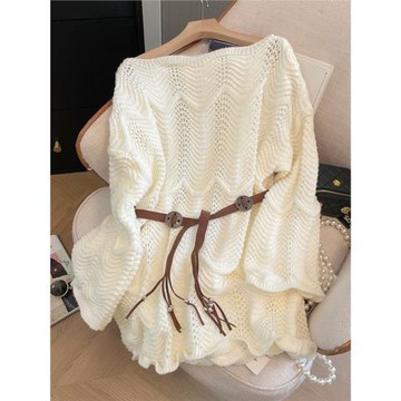 波浪提花溫柔風花邊一字肩套頭針織衫鏤空鉤花中長款配腰帶毛衣