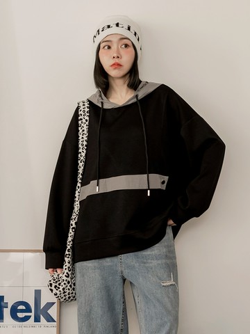 太空棉休閒撞色造型拼接抽繩帽T