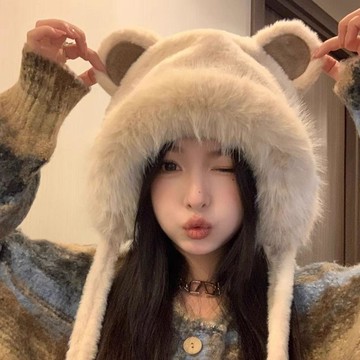 【可愛小熊耳朵保暖】女裝秋冬毛絨雷鋒帽 加厚薄款冬季包頭帽子 帶繩子保暖帽