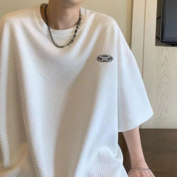 【臺灣出貨】重磅華夫格短袖男 Oversize夏季上衣 寬鬆圓領t恤 潮牌提花簡約時尚半袖