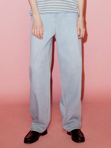 Wide Straight Cotton Blend Denim Pants [Bleach Blue]