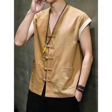夏季中國風背心男盤扣唐裝V領襯衫無袖馬甲中式復古漢服坎肩馬褂