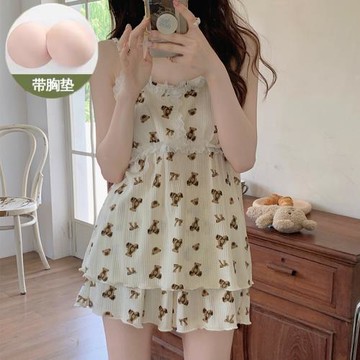 帶胸墊睡衣女夏季純棉性感吊帶短褲純欲風蕾絲卡通可愛家居服套裝