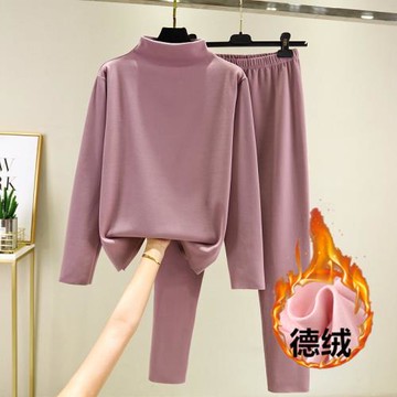 雙面德絨半高領打底衫女加絨加厚秋衣秋褲兩件套修身發熱保暖套裝
