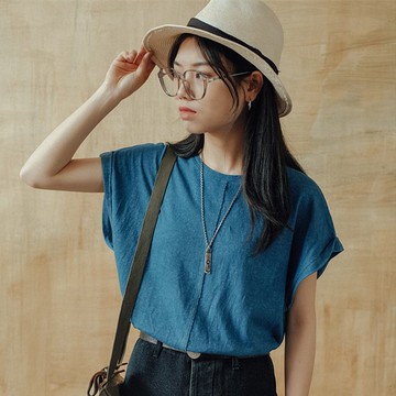 5色 漢麻棉天然植物染短袖T恤 袖口摺邊落肩上衣
