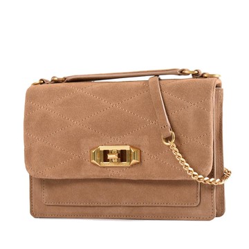 Rebecca minkoff Je Taime 絨面革菱格旋鈕翻蓋手提斜背二用包-駝色中