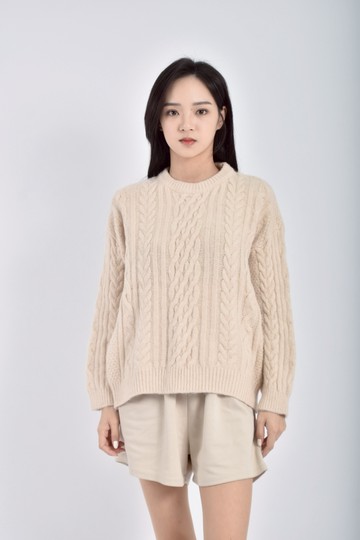 (F) 質感針織長袖寬鬆杏色毛衣