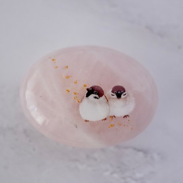 天然石玫瑰石英與麻雀、金澤箔飾品