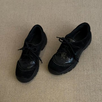 商城熱賣⭐日系風文藝繫帶運動鞋   圓頭厚底樂福鞋    女絨面小皮鞋百搭單鞋