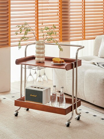 移動推車置物架  法式中古風可移動沙發邊幾桌家用置物桌設計師復古實木推車側邊櫃