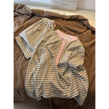 Sin Glee 休閑慵懶感條紋長袖睡衣女2025秋季大碼舒適長褲居家服