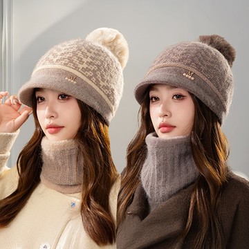 I.Dear-韓版抗寒幾何加絨加厚毛球兔毛毛線帽圍脖兩件套組(5色)