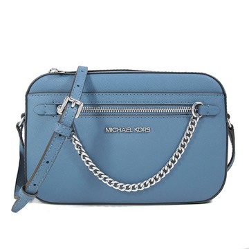 MICHAEL KORS JET SET ITEM 銀字LOGO矢車菊藍色防刮皮革銀鏈斜背包
