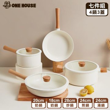 【ONE HOUSE】日式櫸木柄陶瓷不沾鍋-四鍋七件組-任選 (1組)