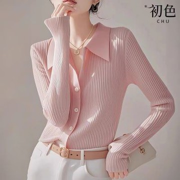 初色 純色針織襯衫領翻領長袖針織衫修身內搭打底衫上衣女上衣-粉色-38565(F可選)