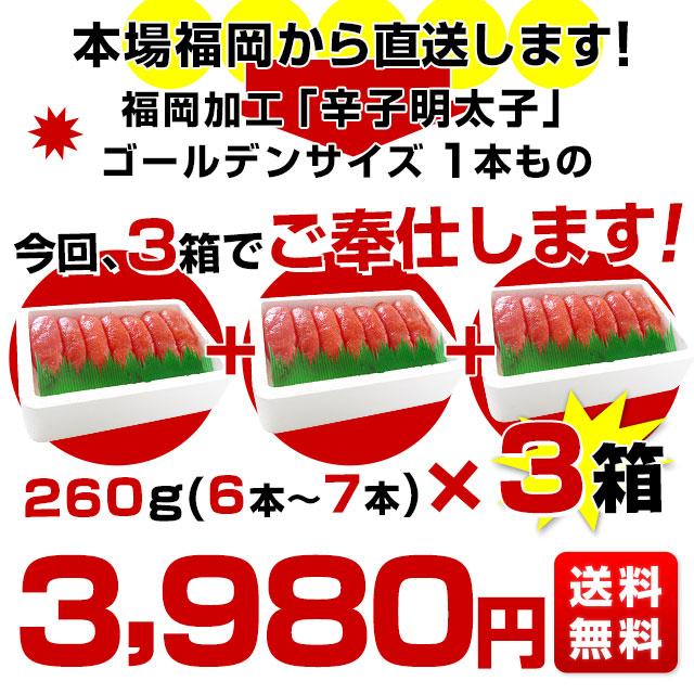 福岡加工 辛子明太子 ゴールデンサイズ 極太1本もの 約260g(6本から7本)×3箱 送料無料 めんたいこ