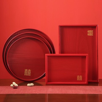 托盤婚慶結婚紅色圓長方形中式木質敬茶酒茶盤家用戒指喜糖陪嫁盤