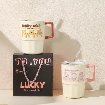 夏季杯子馬克杯吸管杯陶瓷杯帶蓋家用喝水杯生日禮物男女生設計感