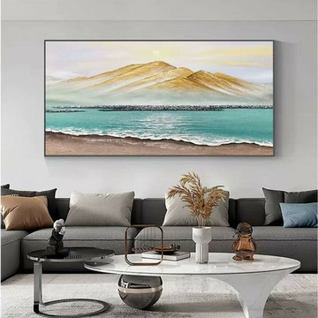 【含稅/免運】 純手繪油畫背靠金山客廳背景墻裝飾畫橫幅抽象山水立體肌理畫日出