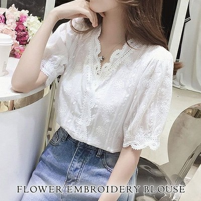 ブラウス レディース レース Vネック 白 シャツ 秋 冬 秋冬 半袖 刺繍 柄 ホワイト チュニック 大人 オフィス トップス 代 ママ 母 Ol 通販 Lineポイント最大get Lineショッピング