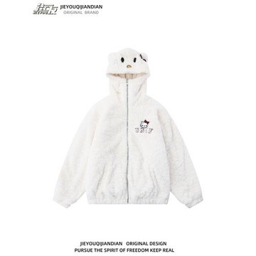 美式學院風個性奶呼呼貓咪字母刺繡羊羔毛可愛加厚外套女寬松棉服