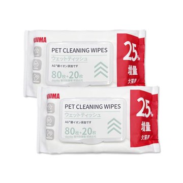 (2袋200入超值組)日本KOJIMA咖家-寵物專用Ag銀離子植萃消臭濕紙巾100入/袋-無香紅標(貓狗清潔濕巾,拭淨眼耳口鼻四肢,免水洗擦澡順毛)