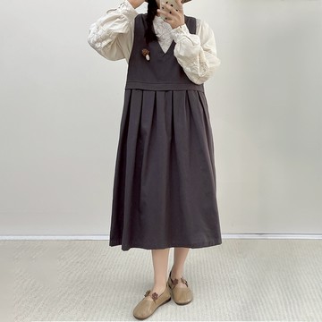 復古文青V領棉麻背心洋裝054938