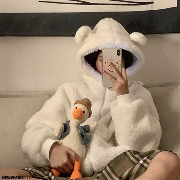 日韓寬鬆減齡可愛耳朵連帽羊羔毛外套女加絨加厚冬裝拉鍊外套