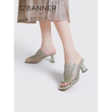 千百度女鞋夏季氣質涼拖鞋時髦薄荷葉粗跟拖鞋鏤空高跟鞋外穿度假