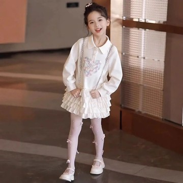 台灣出貨 女童長袖衛衣裙子 秋季新款洋氣時髦polo領蛋糕洋裝 女童愛心連衣裙