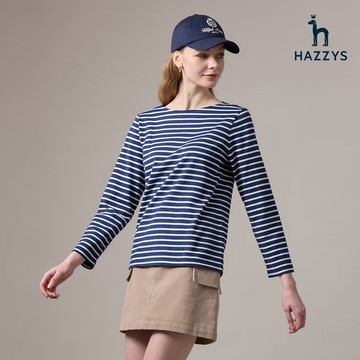【HAZZYS】女款灰藍色柔軟親膚休閒風格一字領長袖條紋T恤 YBWEC010