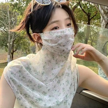 賣場滿150出貨🔥臺灣出貨🔥韓係甜美碎花遮陽麵紗口罩二閤一女夏季騎行防紫外綫護頸臉基尼