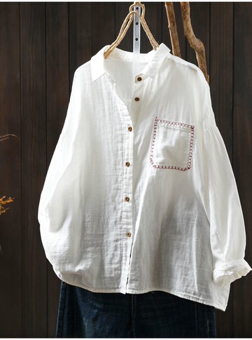 文青刺繡口袋雙層棉紗襯衫長袖上衣女【75-22-825609-25】ibella 艾貝拉