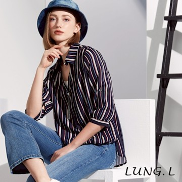 LUNG.L林佳樺 藍色條紋前短後長假二件七分袖女裝上衣LR77A