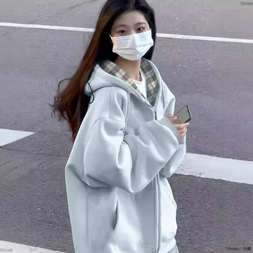 藍色外套女春秋款韓系慵懶風厚衛衣女款初秋秋冬加絨加厚
