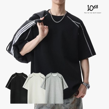 『1068』美式高街 結構反車線條設計 短袖T恤 夏季華棉小圓領 落肩五分袖上衣 線條拼接上衣【A91956】