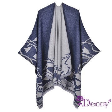 【Decoy】高雅鬱金香＊雙色加大保暖斗篷式披肩/藍