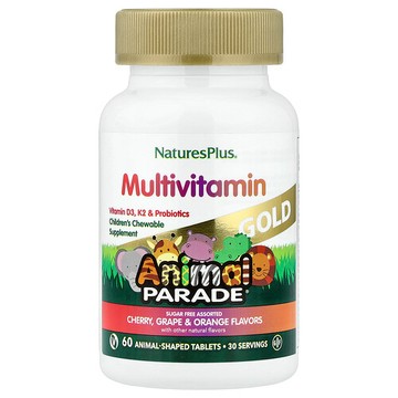 NaturesPlus, Animal Parade® Gold，兒童咀嚼多維生素，櫻桃、葡萄和橙子味，60 片動物狀片劑