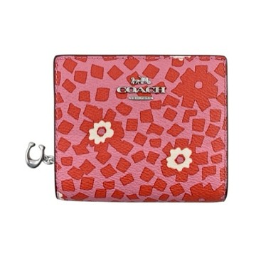 [平輸版] 【COACH】  紅色印花粉色底PVC C字拉鍊袋釦式雙摺短夾 真品平輸