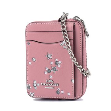 COACH 亮粉星光滑面皮革鍊帶證件零錢包-粉色
