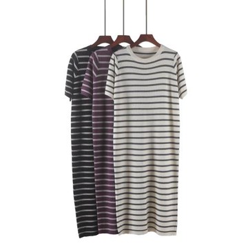 慵懶風條紋針織短袖t恤連衣裙女秋冬寬松顯瘦減齡直筒休閑長裙子