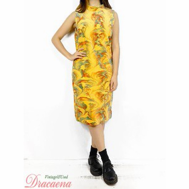 レディースワンピース古着 60 70s オールド レトロ アート風 マーブリング マスタード ノースリーブ ワンピース ミディ丈 M位 通販 Lineポイント最大1 0 Get Lineショッピング